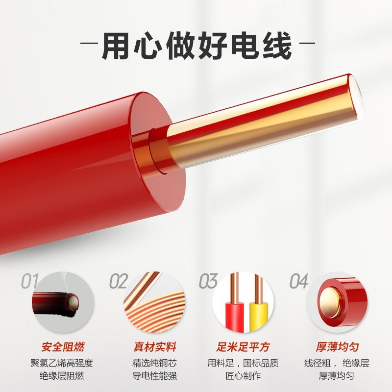 电线电缆国标单股单芯多平方可选纯铜家装硬线 BV2.5 红色火线 100米图3
